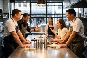 Group discussing dessert techniques in a modern Sydney kitchen