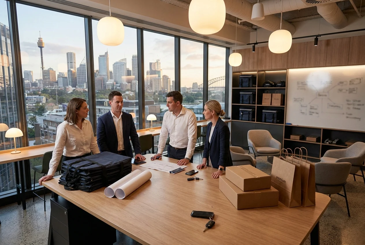 Modern Sydney workspace with team collaborating around a planning table
