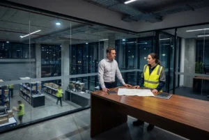 Modern Sydney logistics workspace with dispatcher and delivery driver