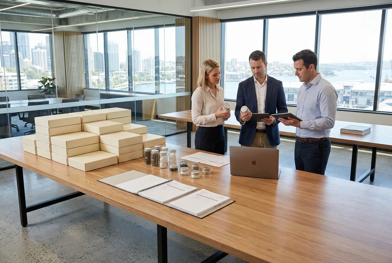 Modern Sydney workspace with team reviewing delivery packaging and notes