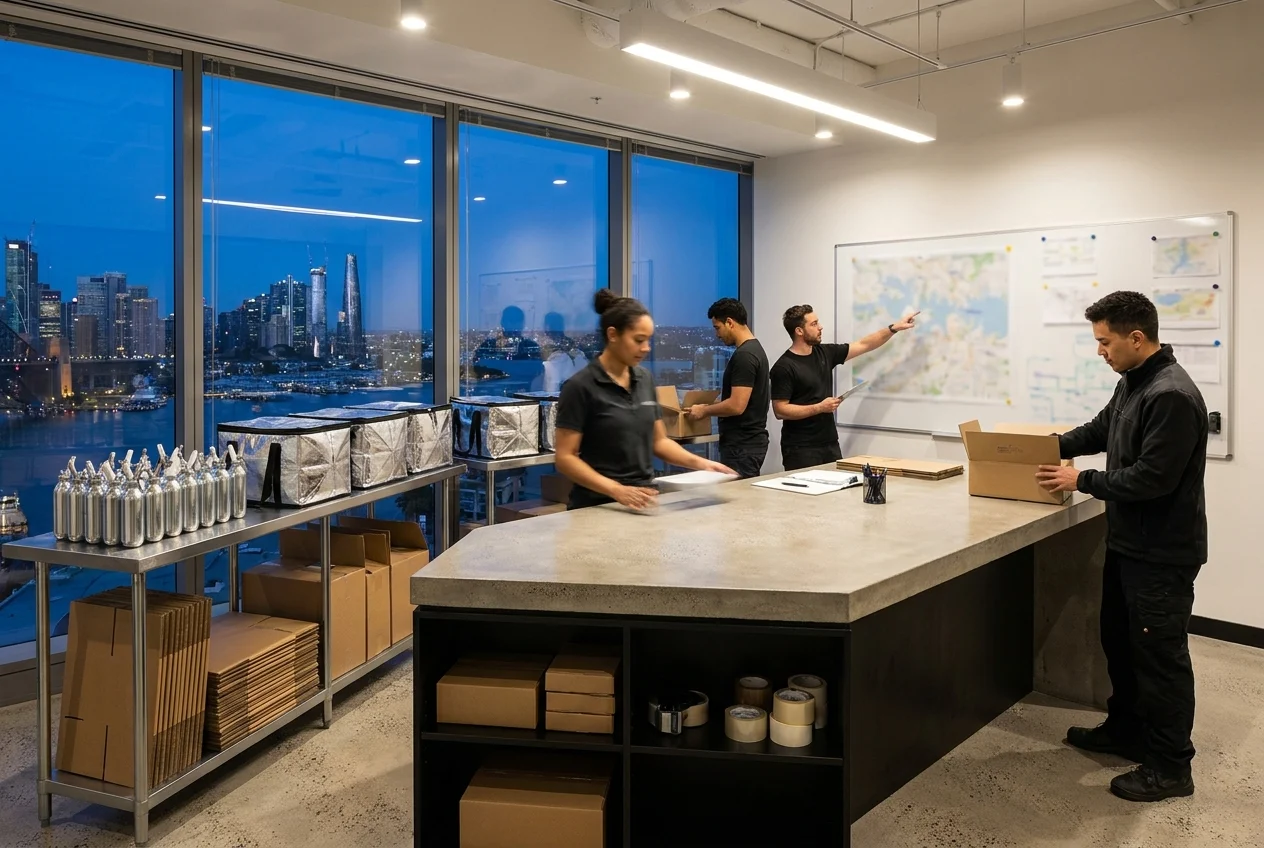 Modern Sydney delivery operations workspace at dusk with diverse team