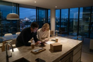 Modern Sydney apartment workspace with city lights and two adults planning