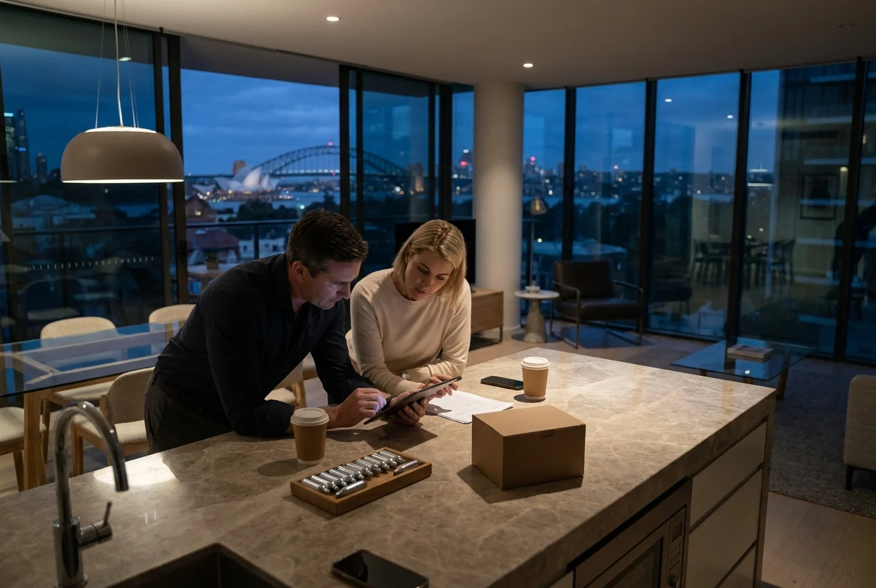 Modern Sydney apartment workspace with city lights and two adults planning
