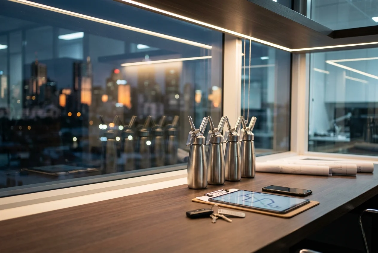 Modern workspace with cream charger canisters and city view