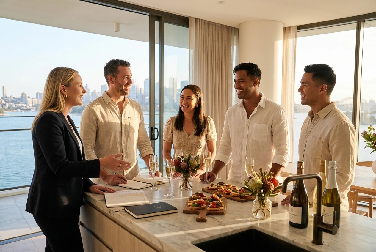 Friends and host planning a celebration in a modern kitchen