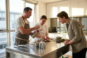 Three adults collaborating in a modern kitchen with a cream dispenser
