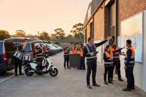 Logistics team coordinating at a suburban distribution hub at dawn