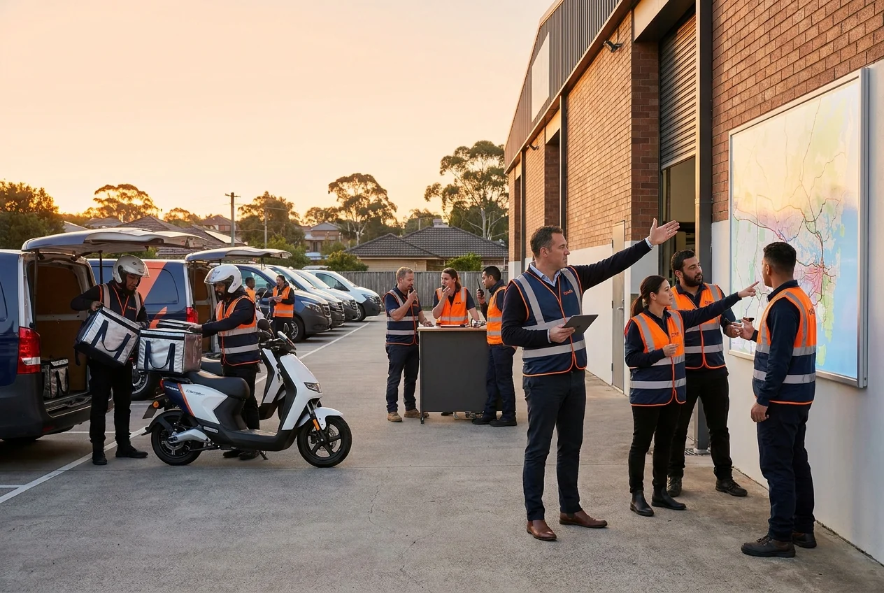 Logistics team coordinating at a suburban distribution hub at dawn
