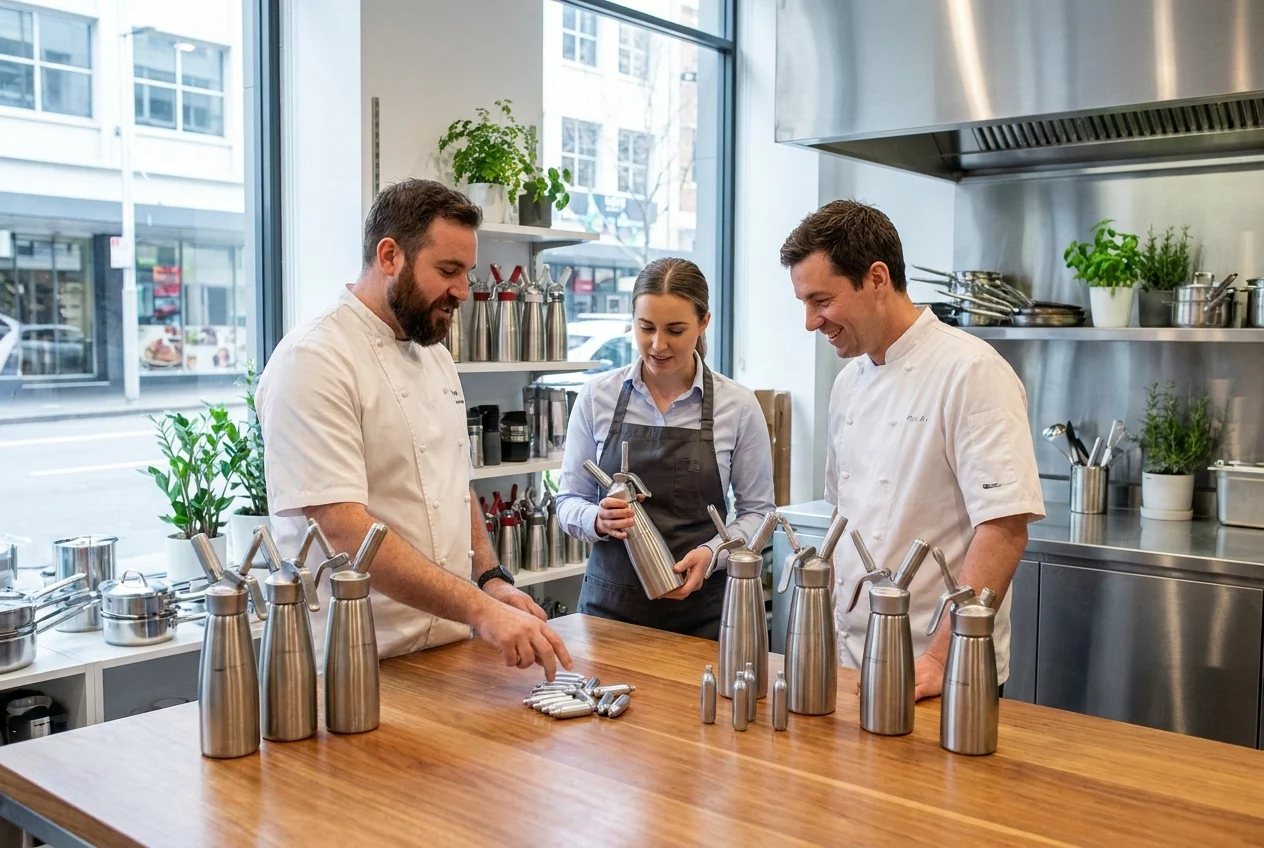 Why Nangs Sydney Is Your Go-To for Premium Nangs and Cream Chargers 1 Small team discussing cream chargers in a Sydney kitchen showroom
