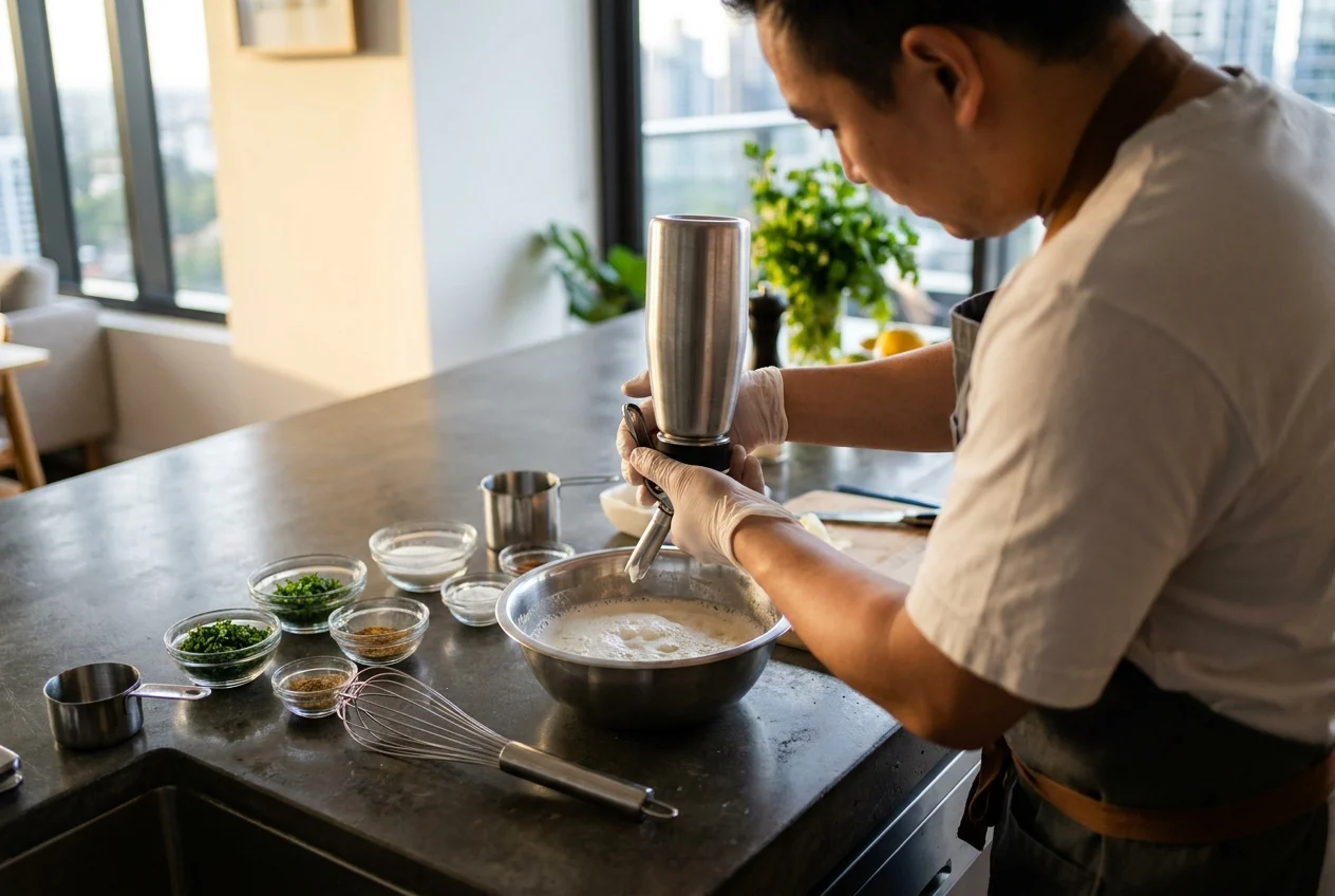 Top Tips for Ordering Nangs in Sydney for the First Time 1 Home chef using whipped cream dispenser in modern Sydney kitchen
