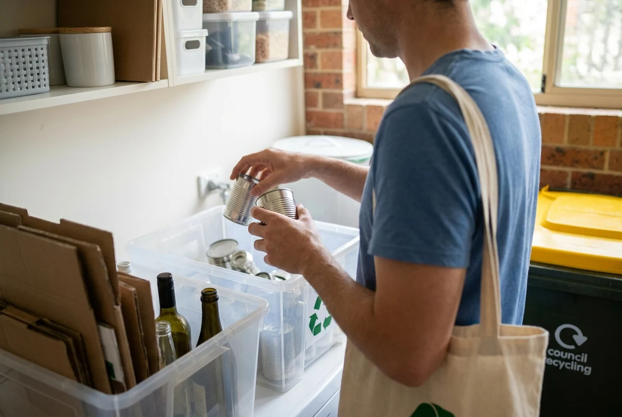 Person sorting empty cream chargers for recycling in a home garage