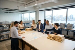 Modern logistics workspace with staff planning deliveries in Sydney