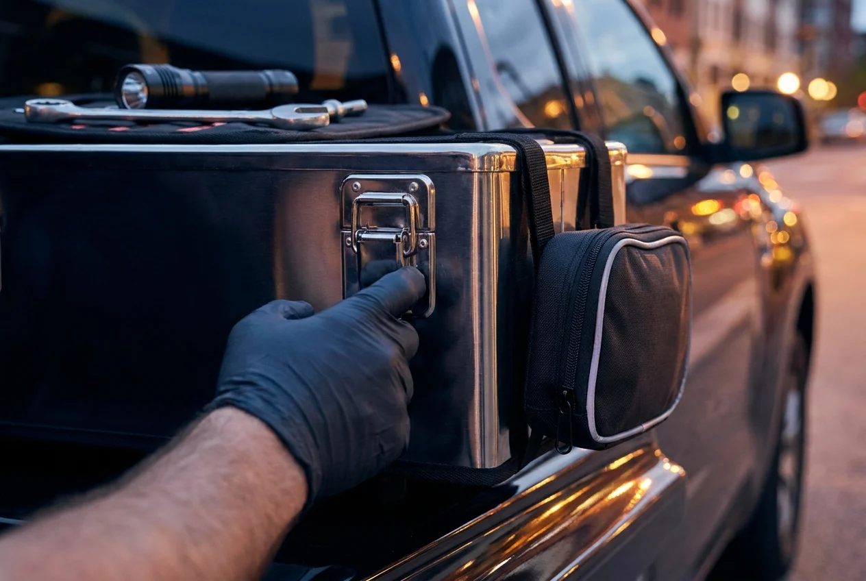 How Nang Sydney Ensures Premium 24/7 Delivery Service Across All Suburbs 1 Gloved hand checks vehicle near insulated delivery case and pouch