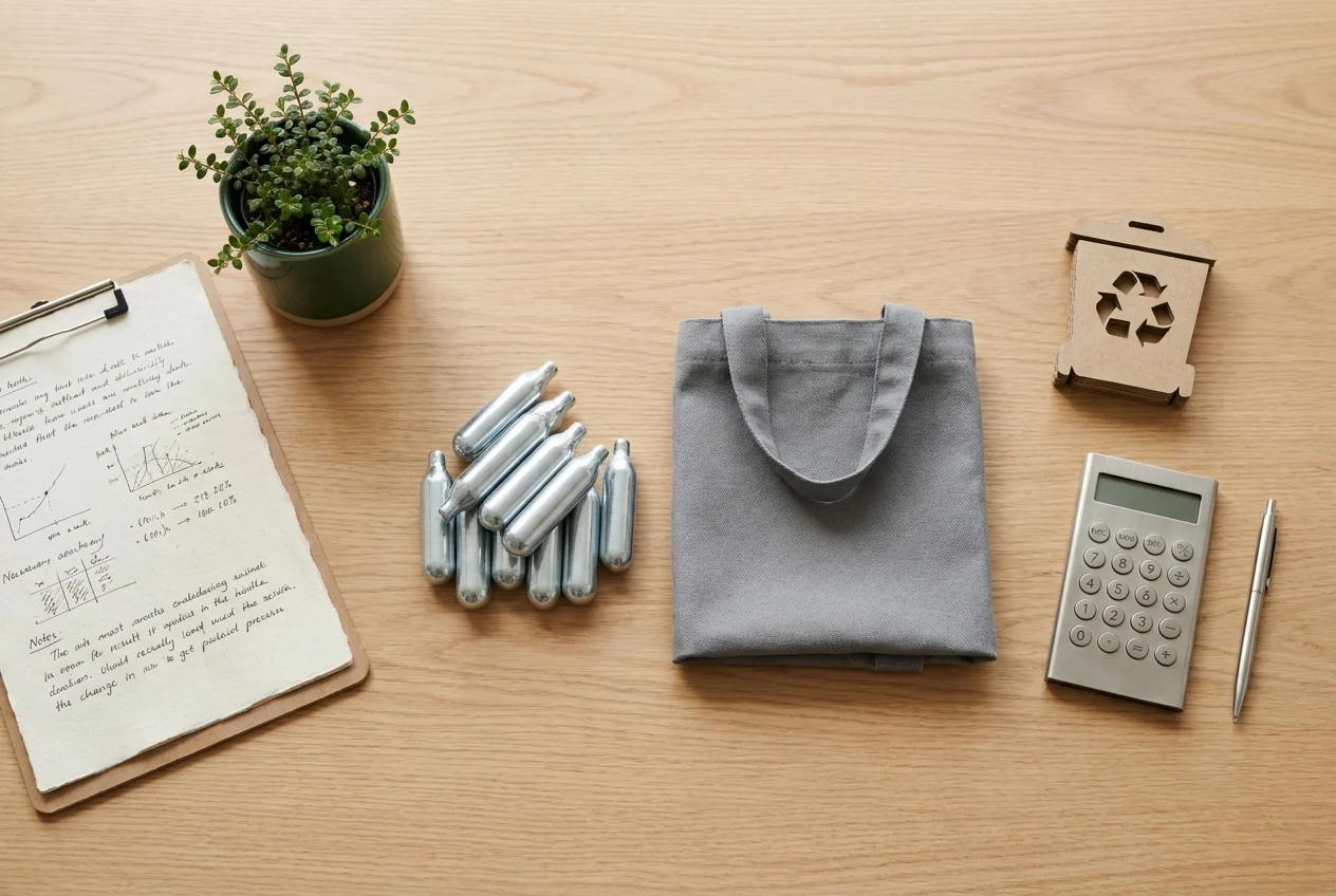 Eco-friendly workspace with recyclable canisters and planning notes on table
