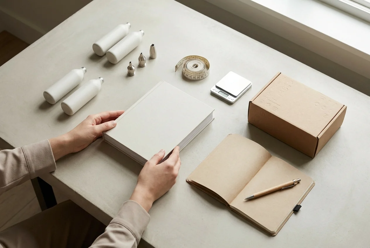 Hands arranging cream charger accessories and guidebook on a tidy desk