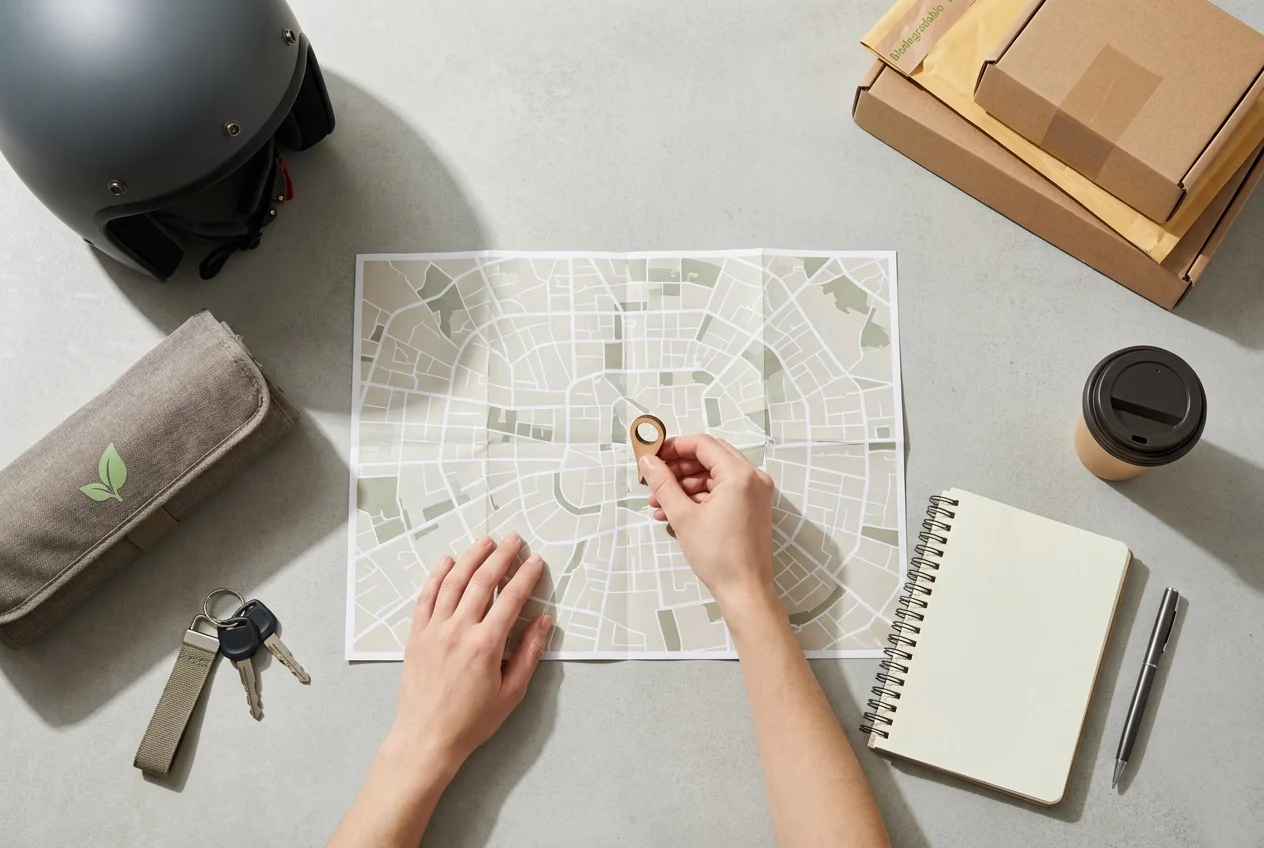 Organized delivery workspace with map, helmet, and scooter keys.