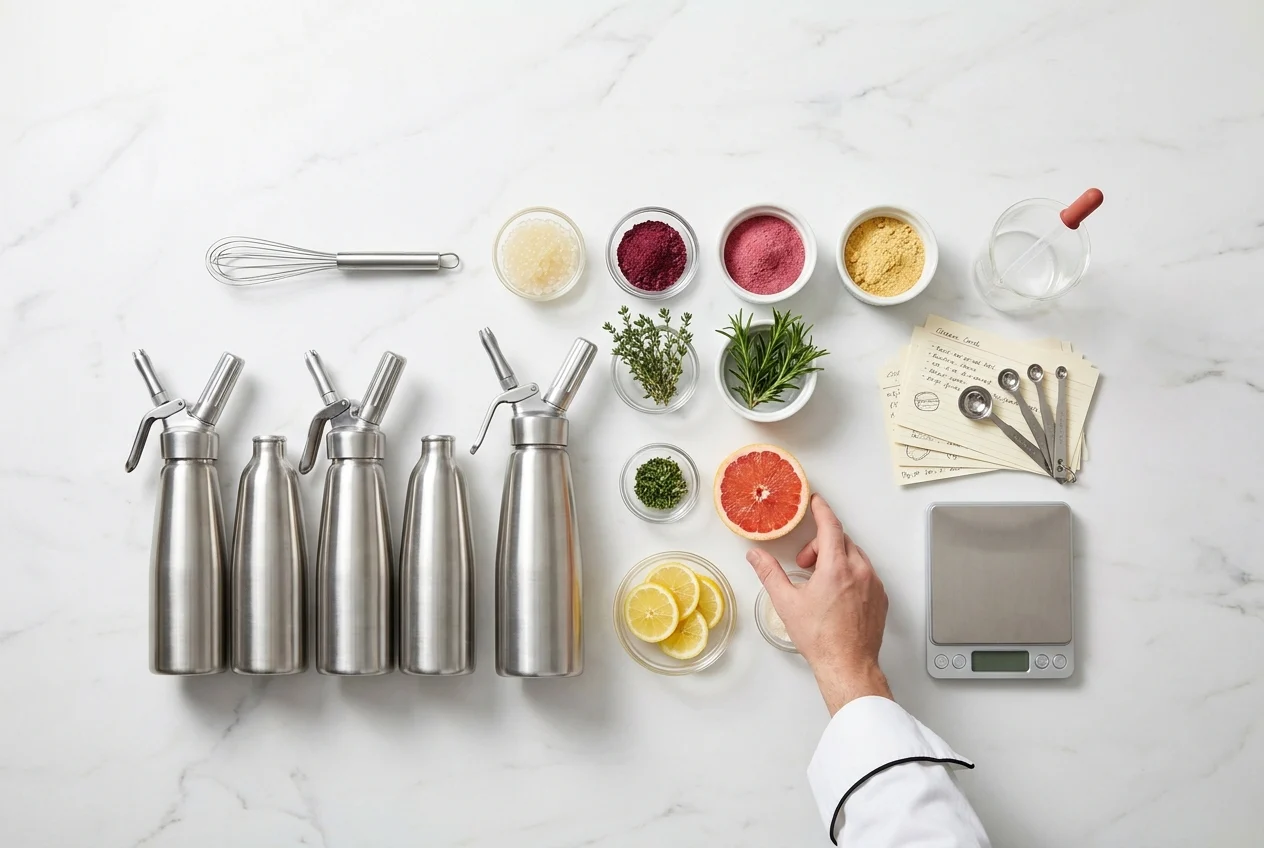 Ordering Nangs in Sydney: What Sets Premium Services Apart 2 Culinary workspace with cream chargers and cooking tools on display.