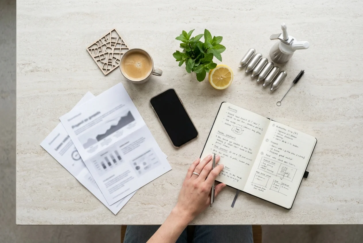 Organized workspace with cream chargers and planning materials on stone surface