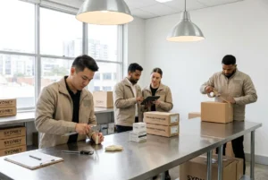Quality assurance team inspecting and packing cream chargers in workspace