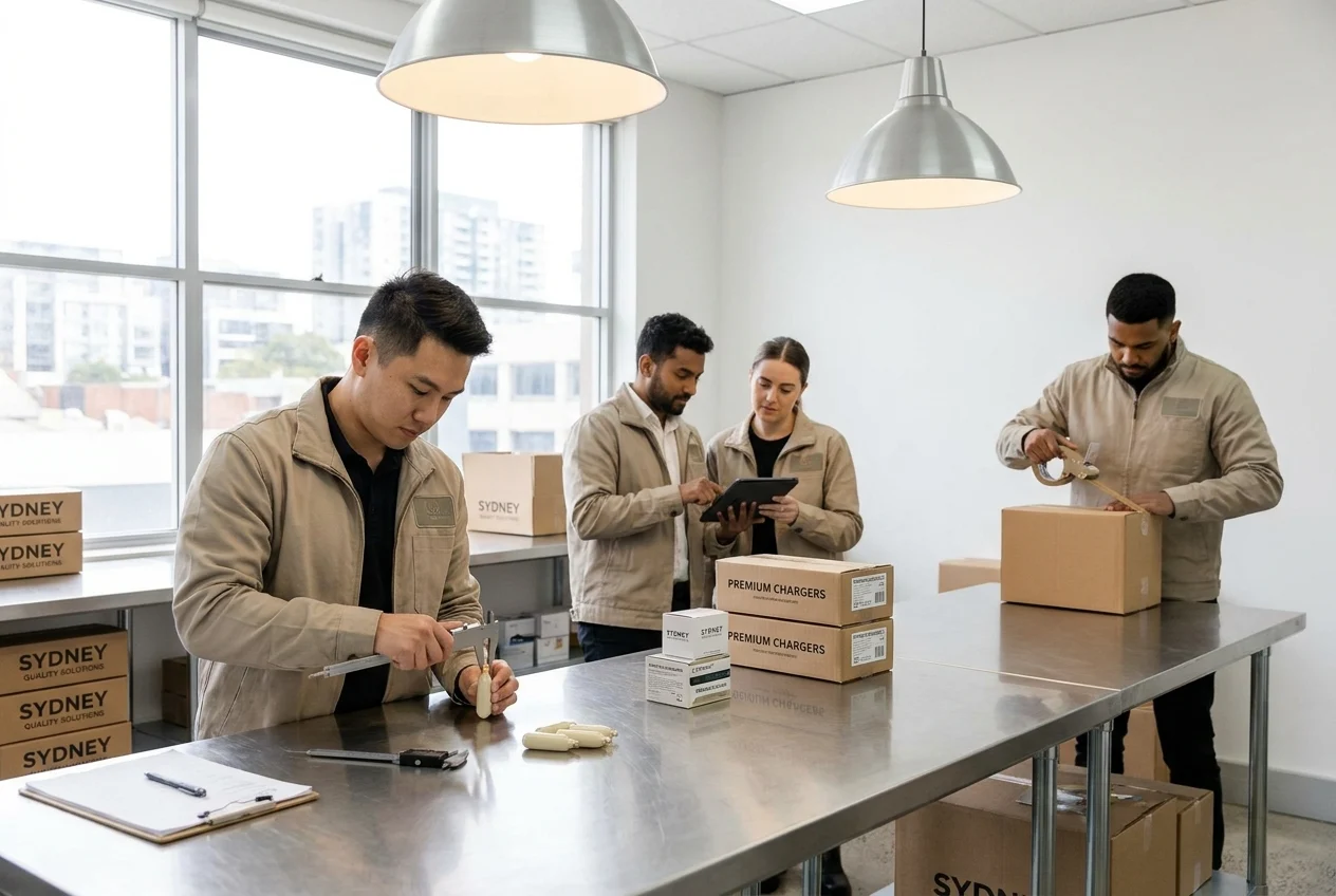Quality assurance team inspecting and packing cream chargers in workspace