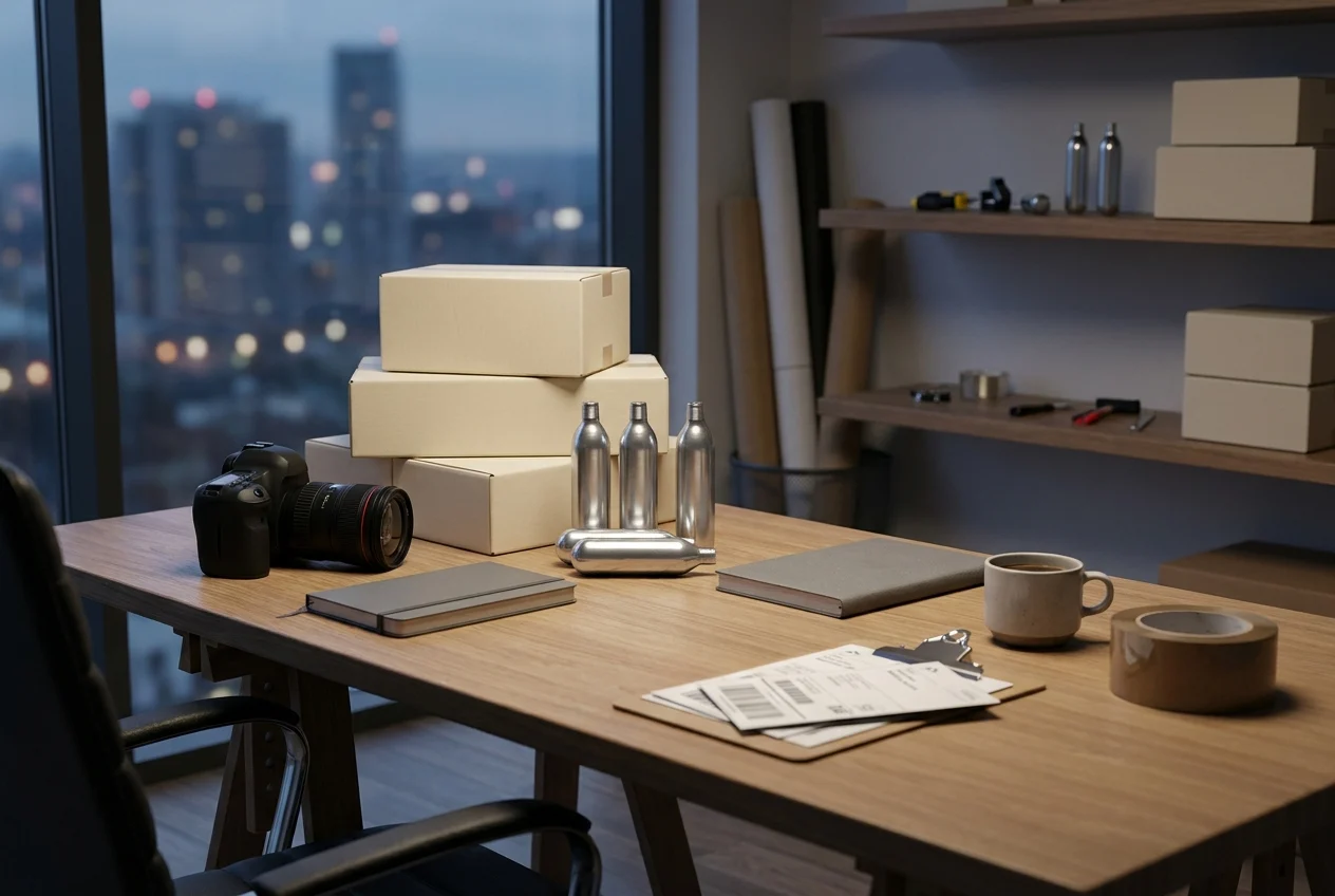 Uncovering the Secrets of Efficient 24/7 Nangs Delivery Services in Sydney 2 Elegant workspace with packaging materials for nang delivery business.