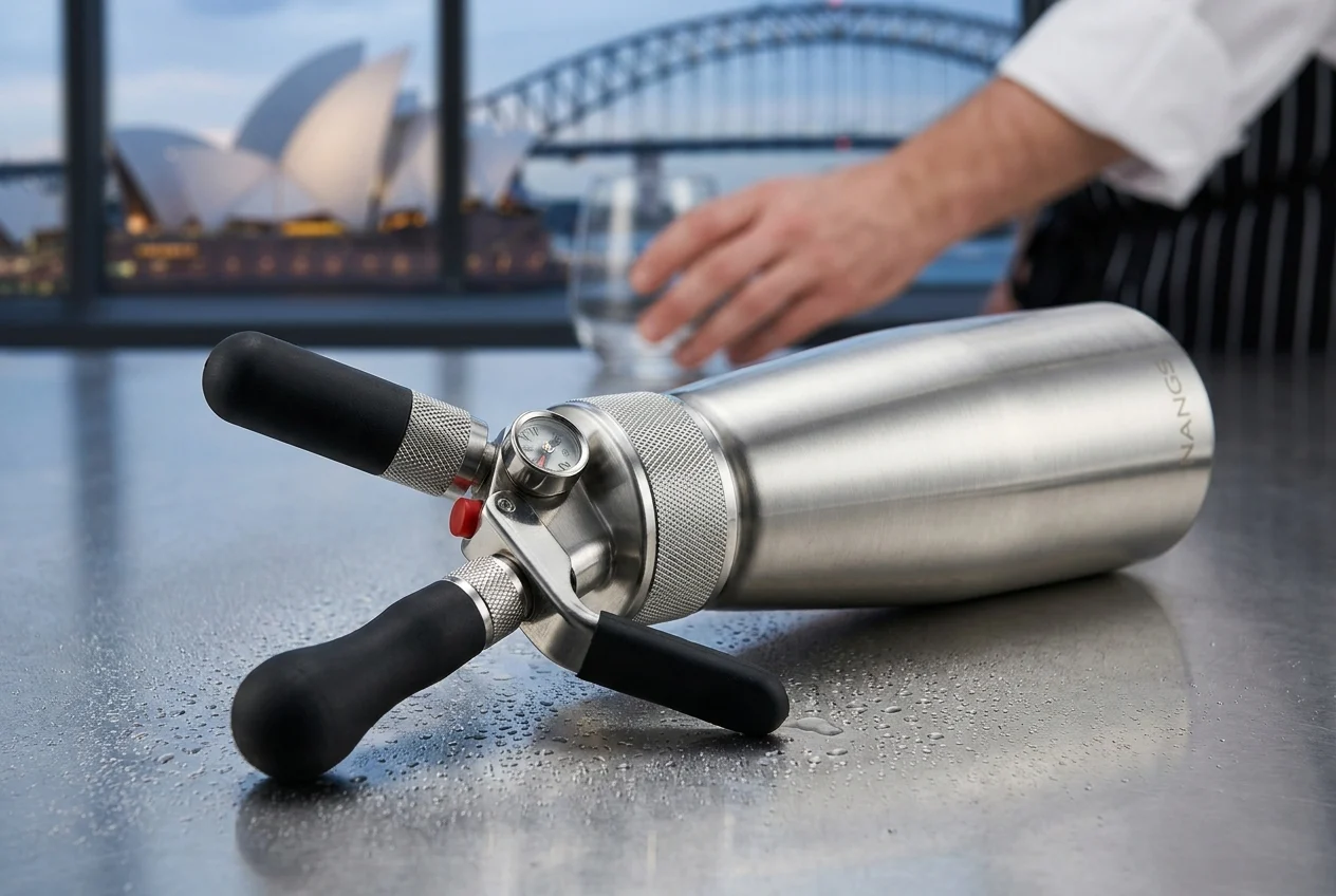 Top Tips for Finding Nangs Delivery Near Me in Sydney 2 Close-up of cream charger dispenser on stainless-steel surface.