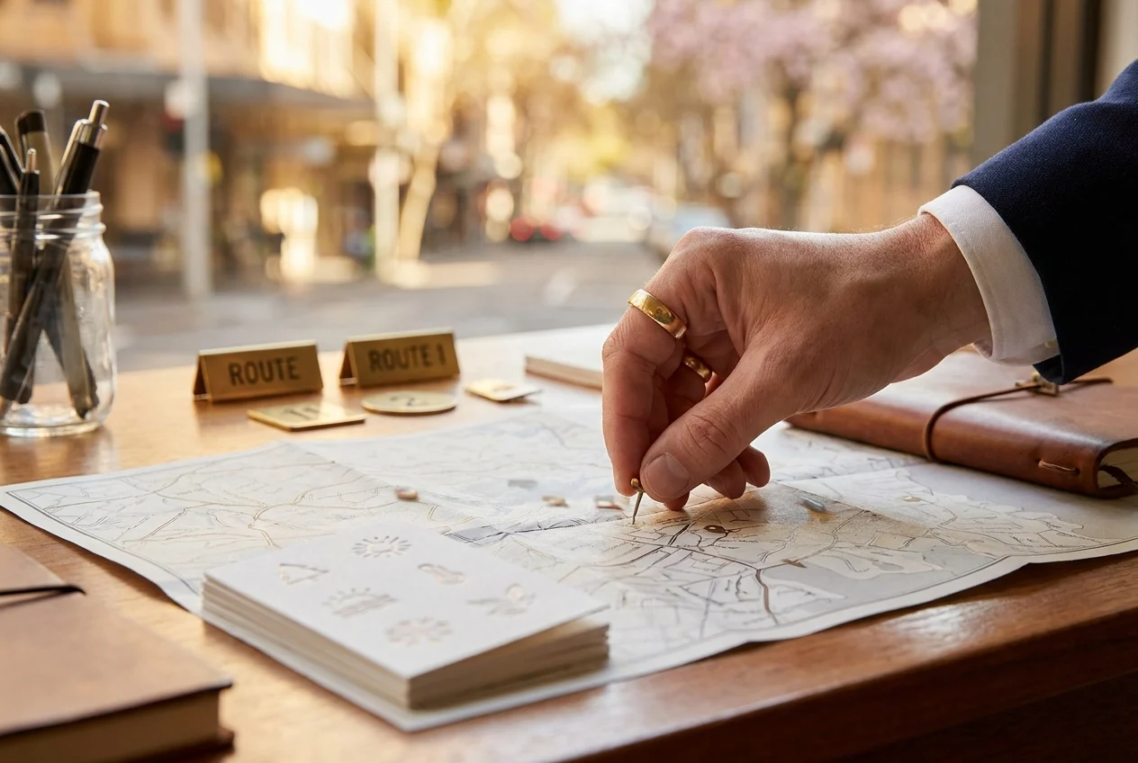 Why Local Expertise Matters in Sydney's Nang Delivery Services 1 Hand placing pin on map at Sydney delivery dispatch desk