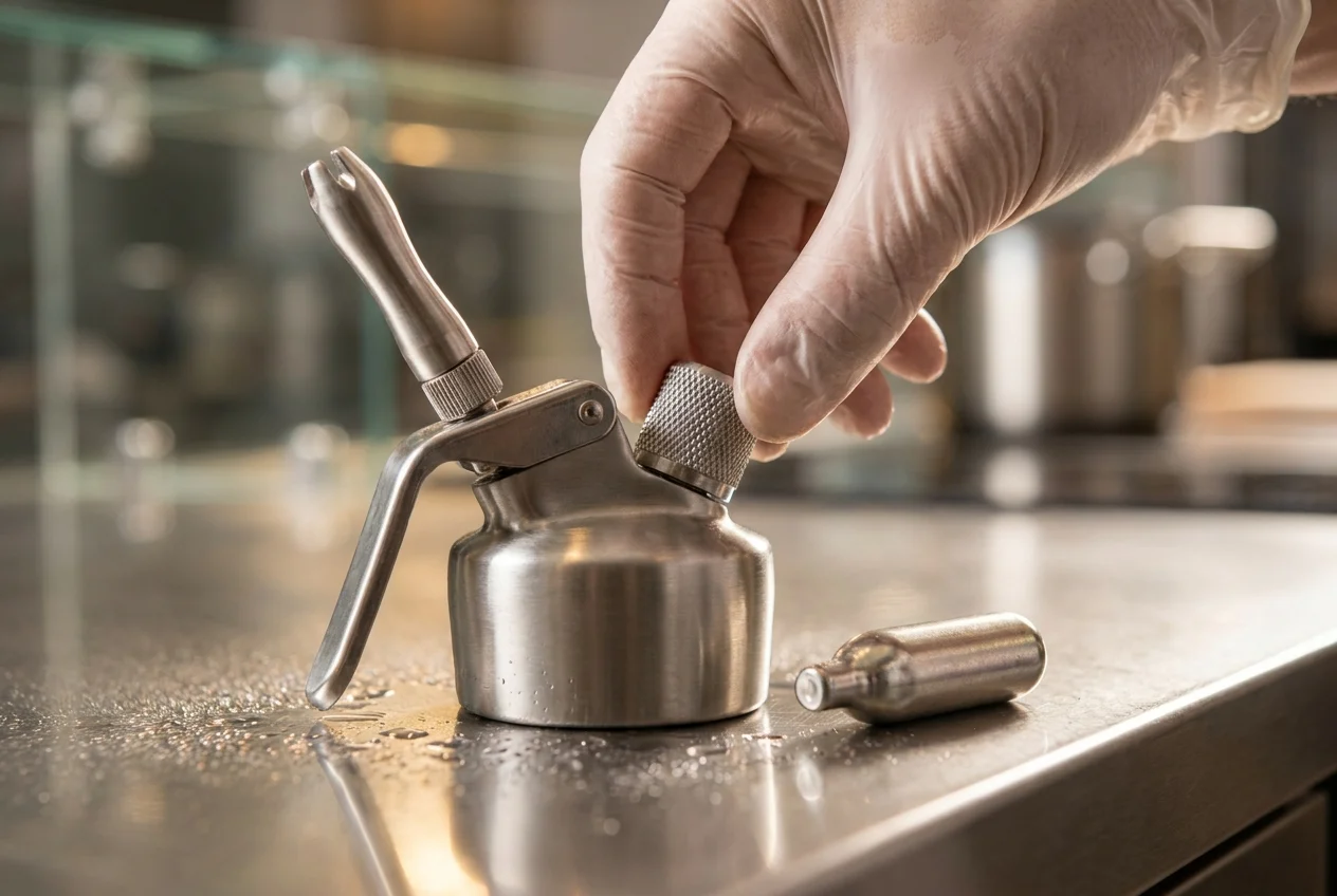 Close-up of cream charger and dispenser on a stainless-steel bench.