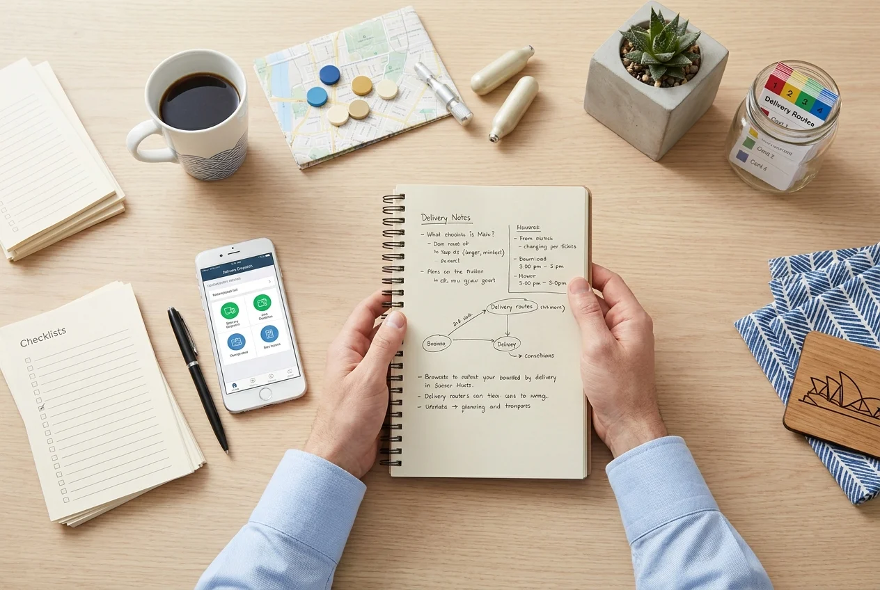 Top Tips for Finding Nangs Delivery Near Me in Sydney 1 Organized desk with service notes, smartphone, and delivery route map.