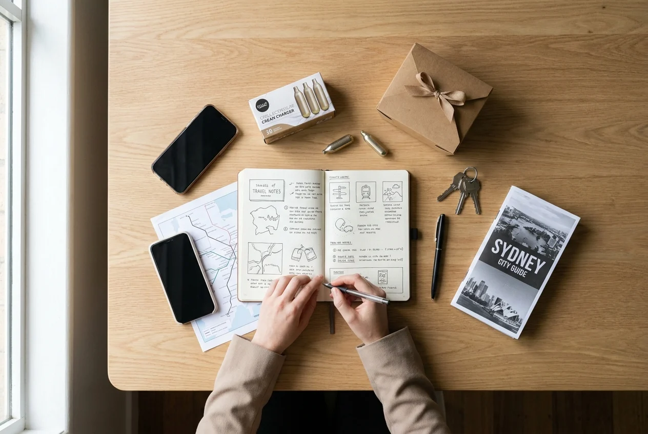 Navigating Sydney Suburbs with Fast Same-Day Nangs Delivery 2 Hands arranging travel notes and cream chargers on a timber table
