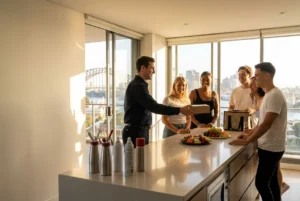 Courier delivering a package to young adults in Sydney apartment