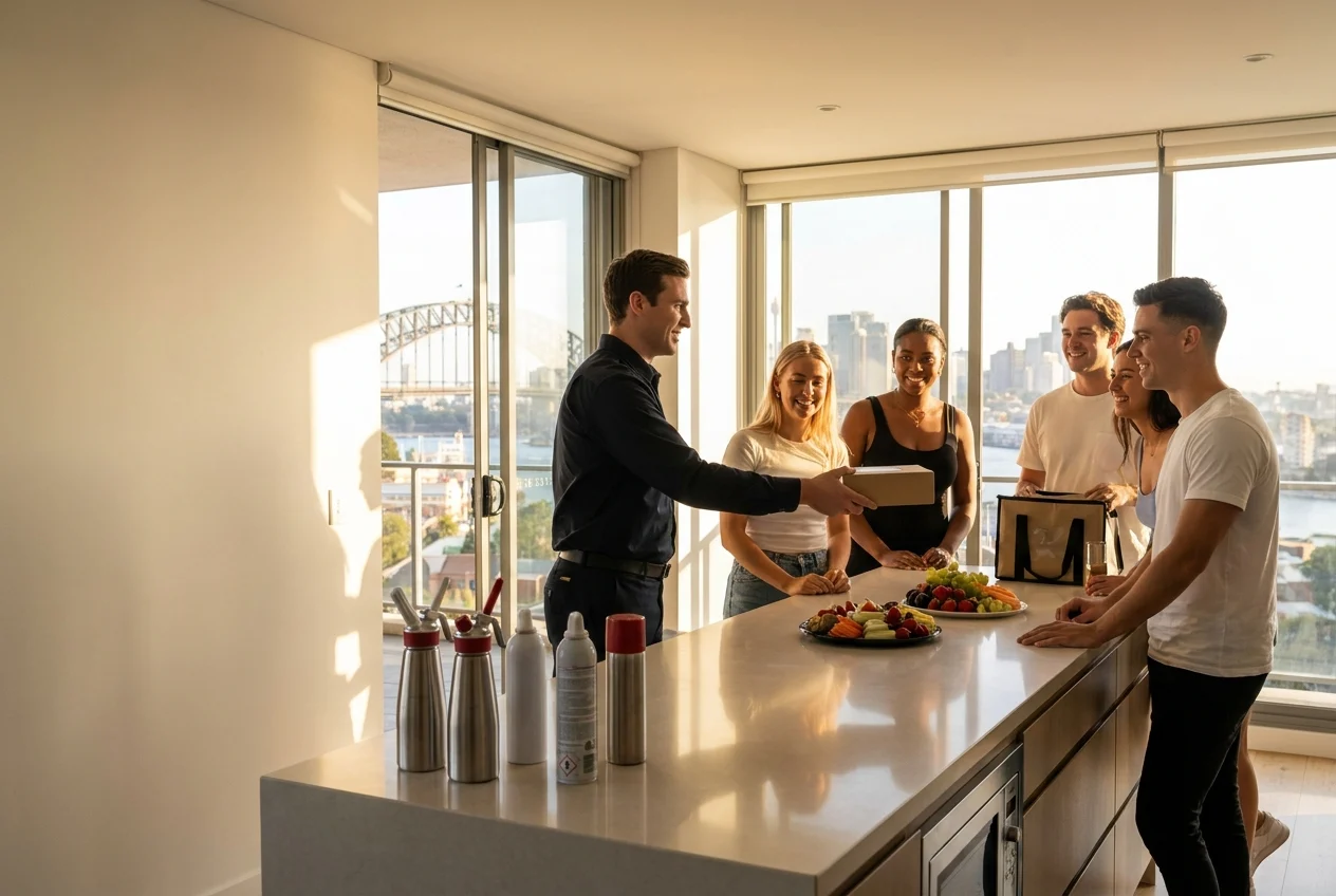 Courier delivering a package to young adults in Sydney apartment