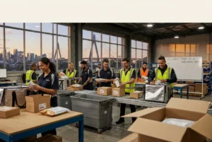 Couriers preparing deliveries in a modern Sydney warehouse at dusk
