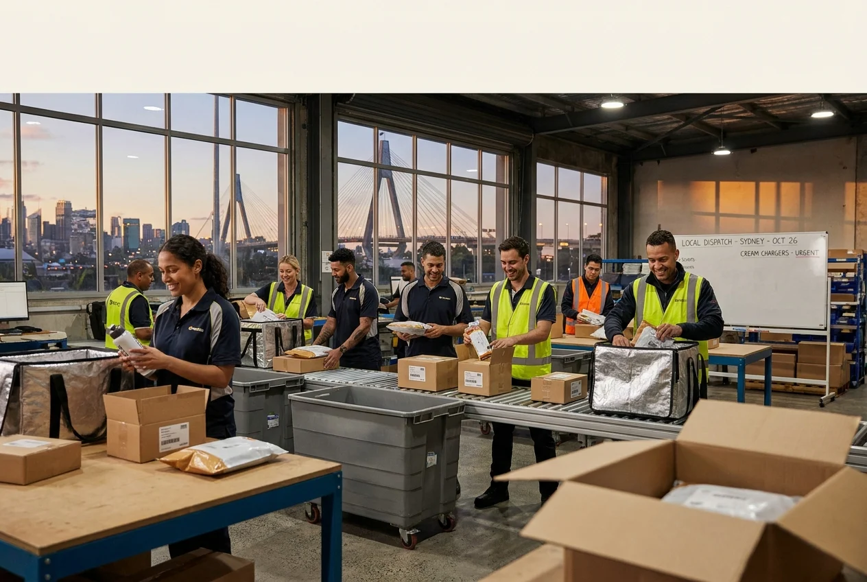 Couriers preparing deliveries in a modern Sydney warehouse at dusk