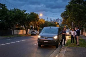 Delivery driver arriving on a leafy Sydney street at dusk