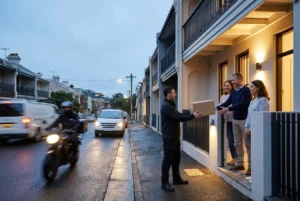 Courier handing a parcel to a group outside a city terrace