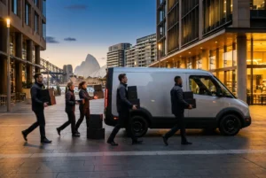 Courier team efficiently loading delivery vehicle at dusk