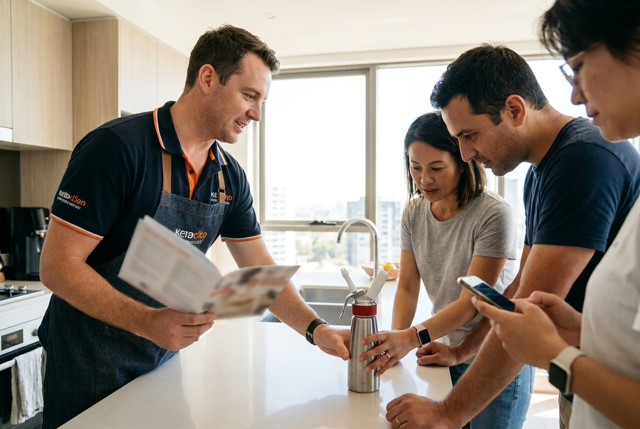 Maximizing Customer Satisfaction with Reliable Cream Chargers in Sydney 1 Group learning cream charger use in Sydney kitchen setting