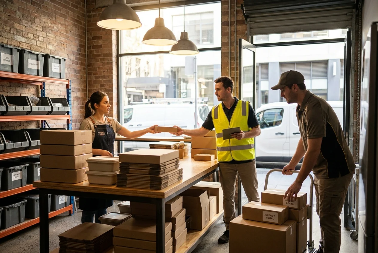 How Nang Sydney Ensures Fast Service Across All Sydney Suburbs 2 Supply chain team coordinating package handoff in a modern workspace