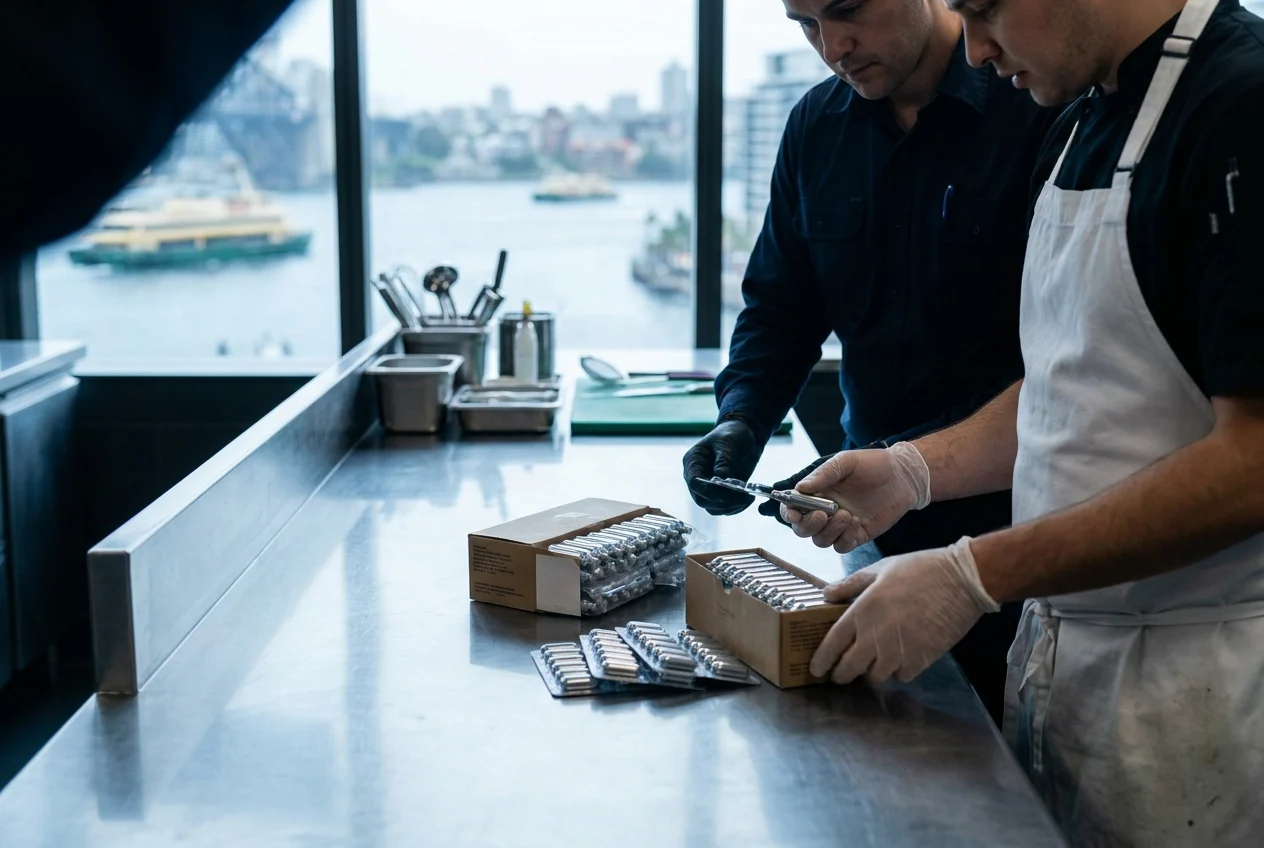 How Same-Day Nang Delivery Enhances Sydney's Culinary Scene 1 Delivery professional and chef inspect cream chargers on preparation counter
