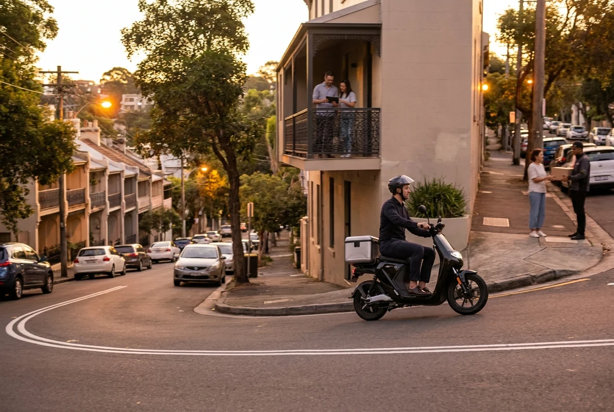 How Premium Nangs Delivery Services Enhance Convenience in Sydney 2 Courier on scooter navigating Sydney street with delivery efficiency