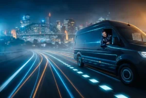 Driver in motion beside a modern vehicle at night