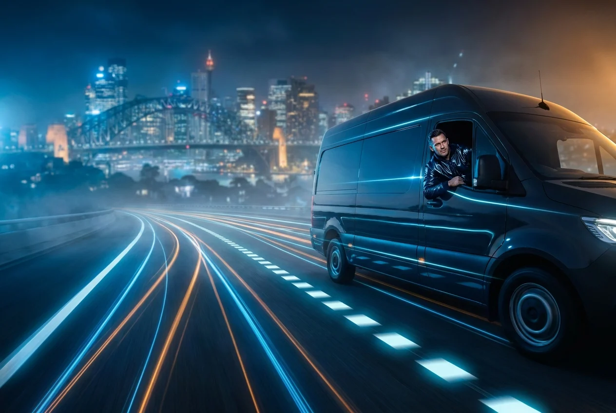 Driver in motion beside a modern vehicle at night