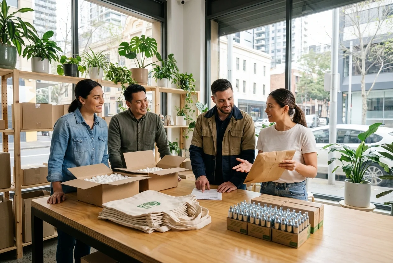 Adults reviewing eco-friendly packaging in a modern Sydney warehouse.