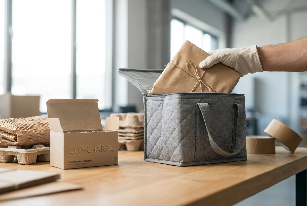 Exploring the Speed and Reliability of Nang Sydney's 24/7 Delivery Service 2 Eco-friendly cream charger packaging placed in reusable insulated delivery bag