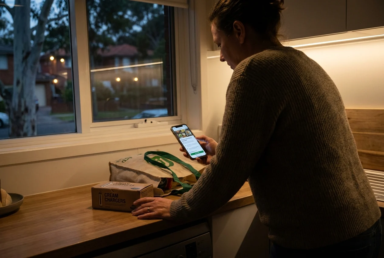 Navigating Sydney's Nightlife with Late Night Nang Delivery 1 Person checking delivery order on phone in Sydney kitchen