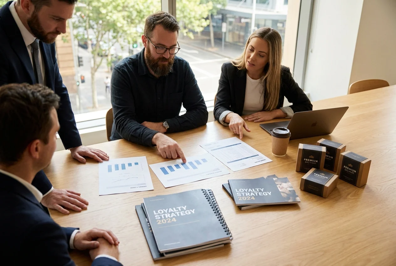 Team analyzing loyalty materials and products in a Sydney office.