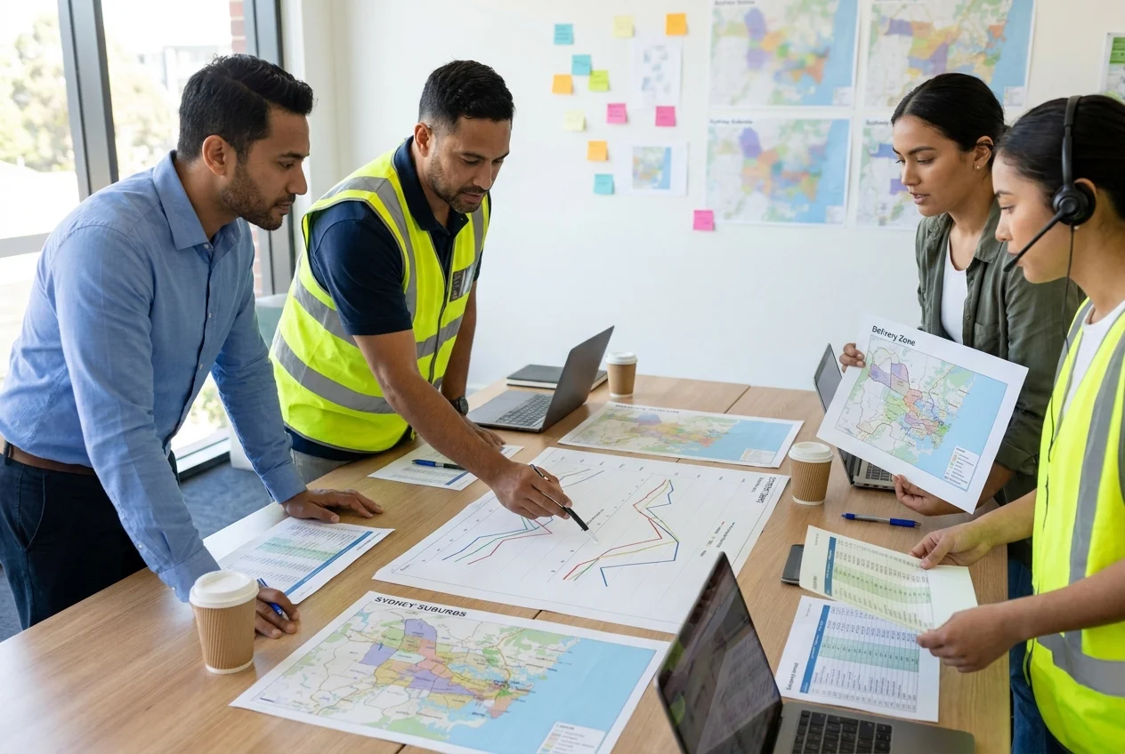 The Ultimate Guide to 24/7 Cream Charger Delivery in Sydney 1 Team analyzing delivery performance with maps and charts in Sydney office