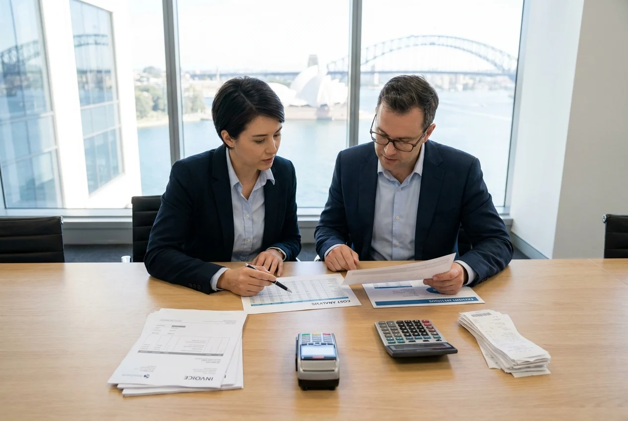 Two professionals reviewing payment documents in a Sydney office meeting.