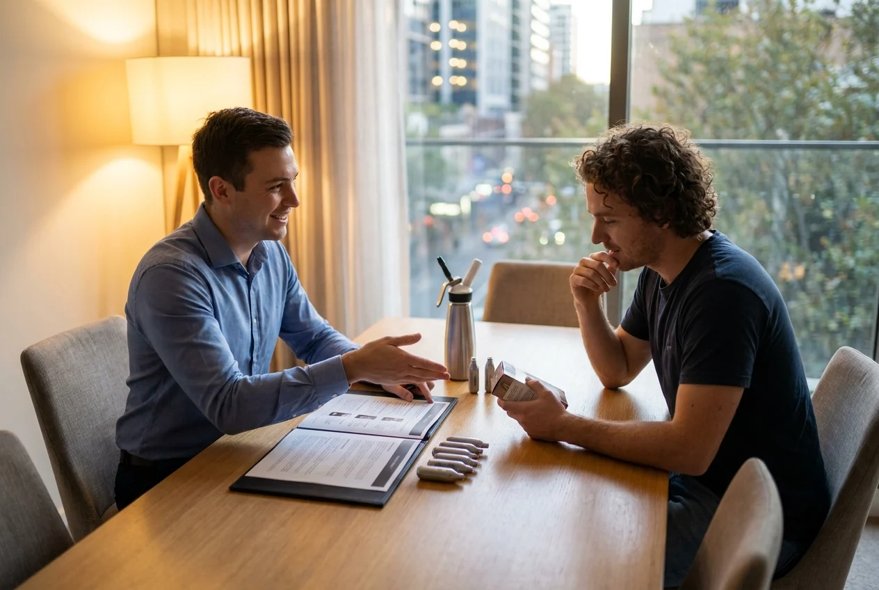 How Local Expertise Enhances Your Nang Delivery Experience in Sydney 2 Customer and representative discussing cream chargers in stylish Sydney kitchen.